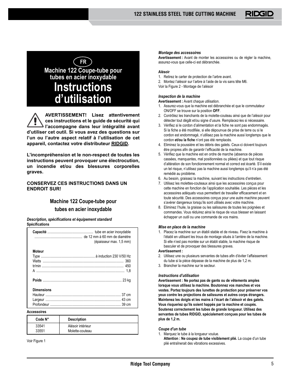 Instructions d’utilisation | RIDGID 122 User Manual | Page 6 / 40