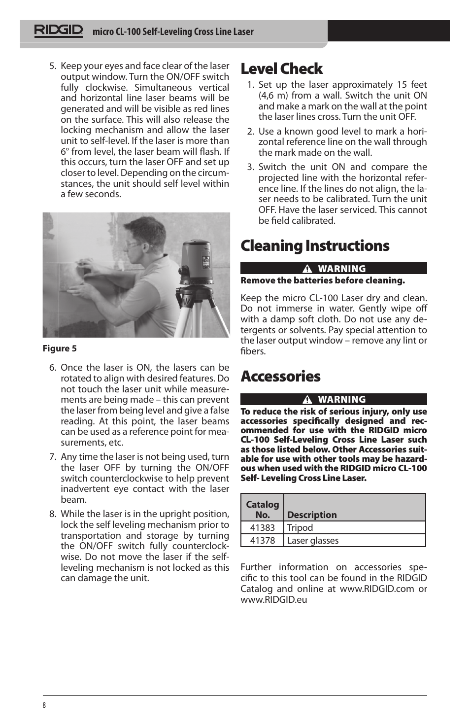 Level check, Cleaning instructions, Accessories | RIDGID micro CL-100 User Manual | Page 10 / 228