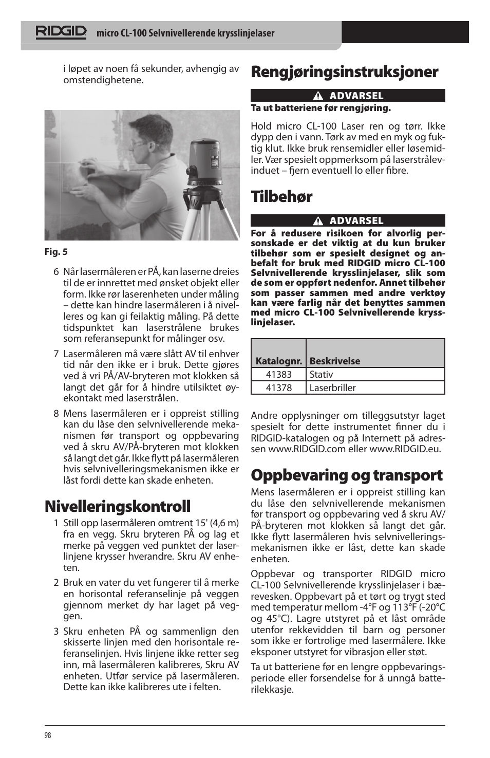 Nivelleringskontroll, Rengjøringsinstruksjoner, Tilbehør | Oppbevaring og transport | RIDGID micro CL-100 User Manual | Page 100 / 228