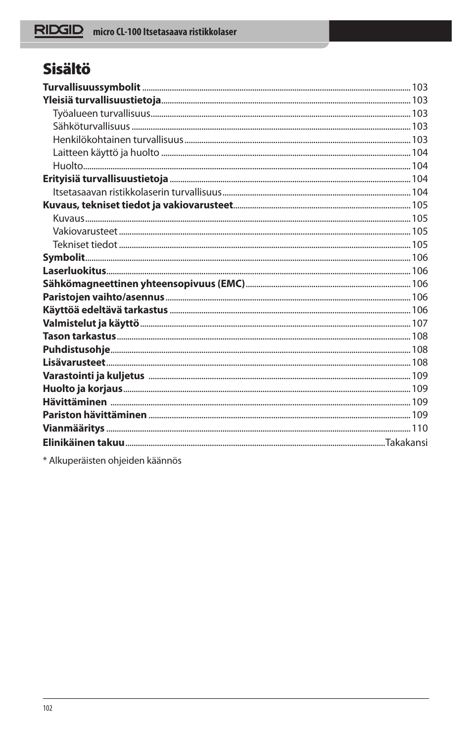 Sisältö | RIDGID micro CL-100 User Manual | Page 104 / 228