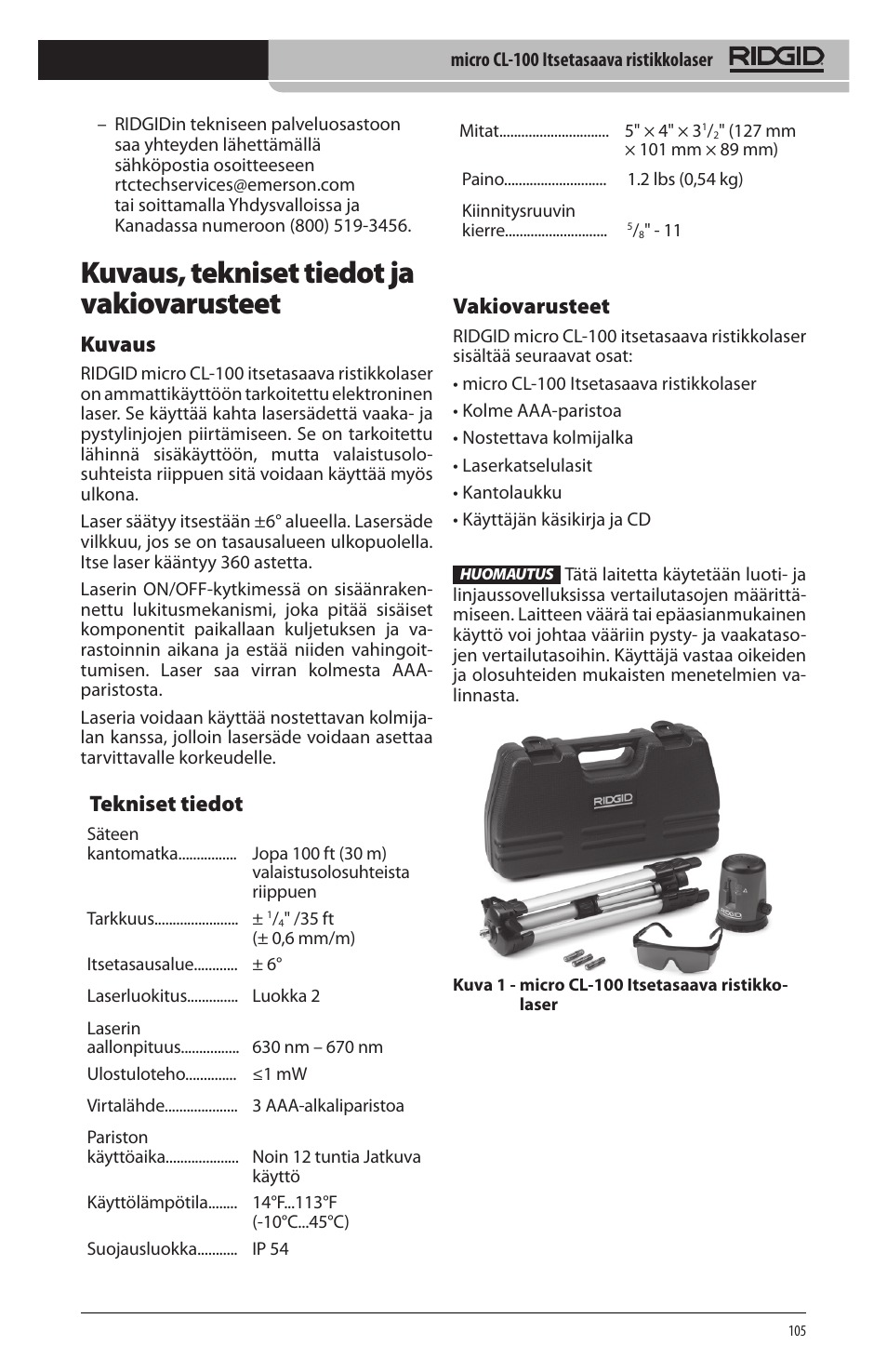 Kuvaus, tekniset tiedot ja vakiovarusteet, Kuvaus, Tekniset tiedot | Vakiovarusteet | RIDGID micro CL-100 User Manual | Page 107 / 228