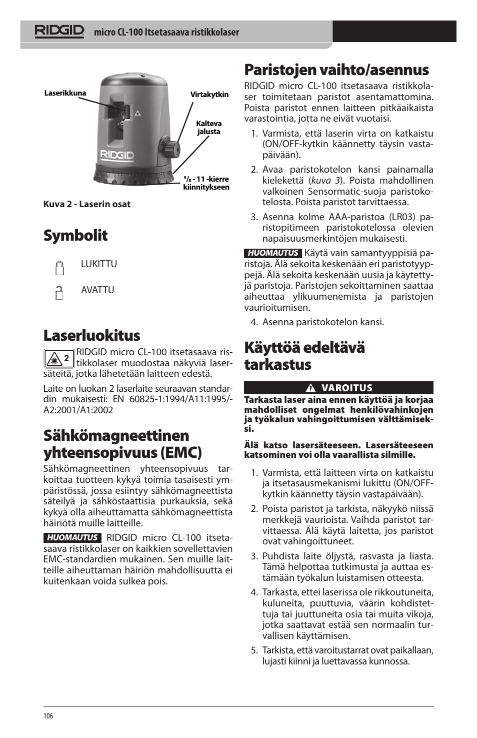 Symbolit, Laserluokitus, Sähkömagneettinen yhteensopivuus (emc) | Paristojen vaihto/asennus, Käyttöä edeltävä tarkastus | RIDGID micro CL-100 User Manual | Page 108 / 228