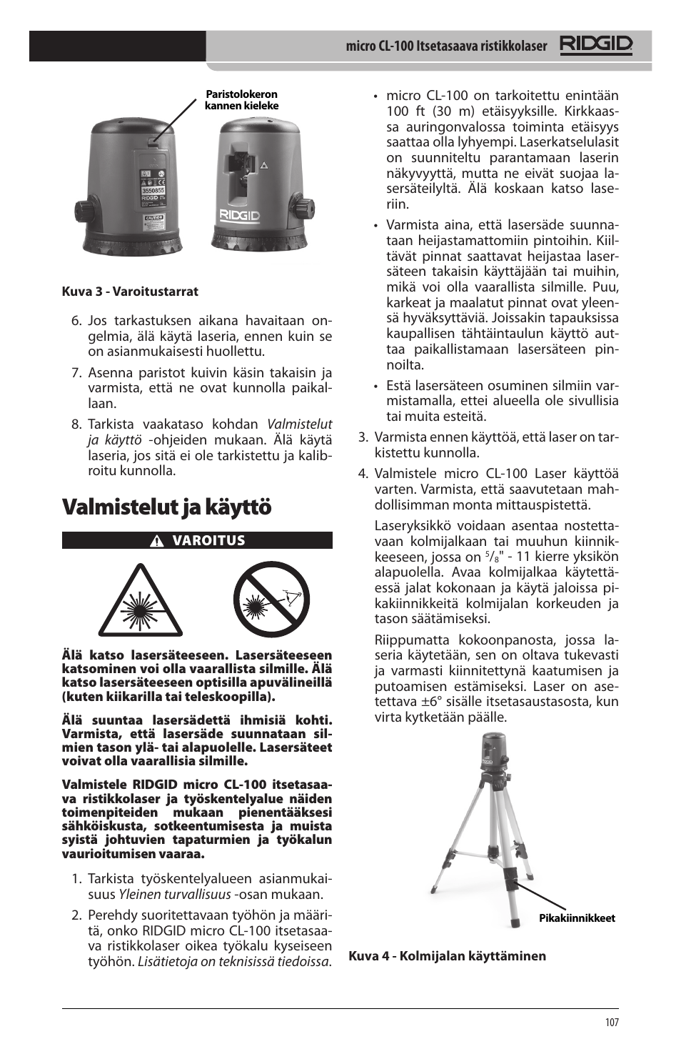 Valmistelut ja käyttö | RIDGID micro CL-100 User Manual | Page 109 / 228