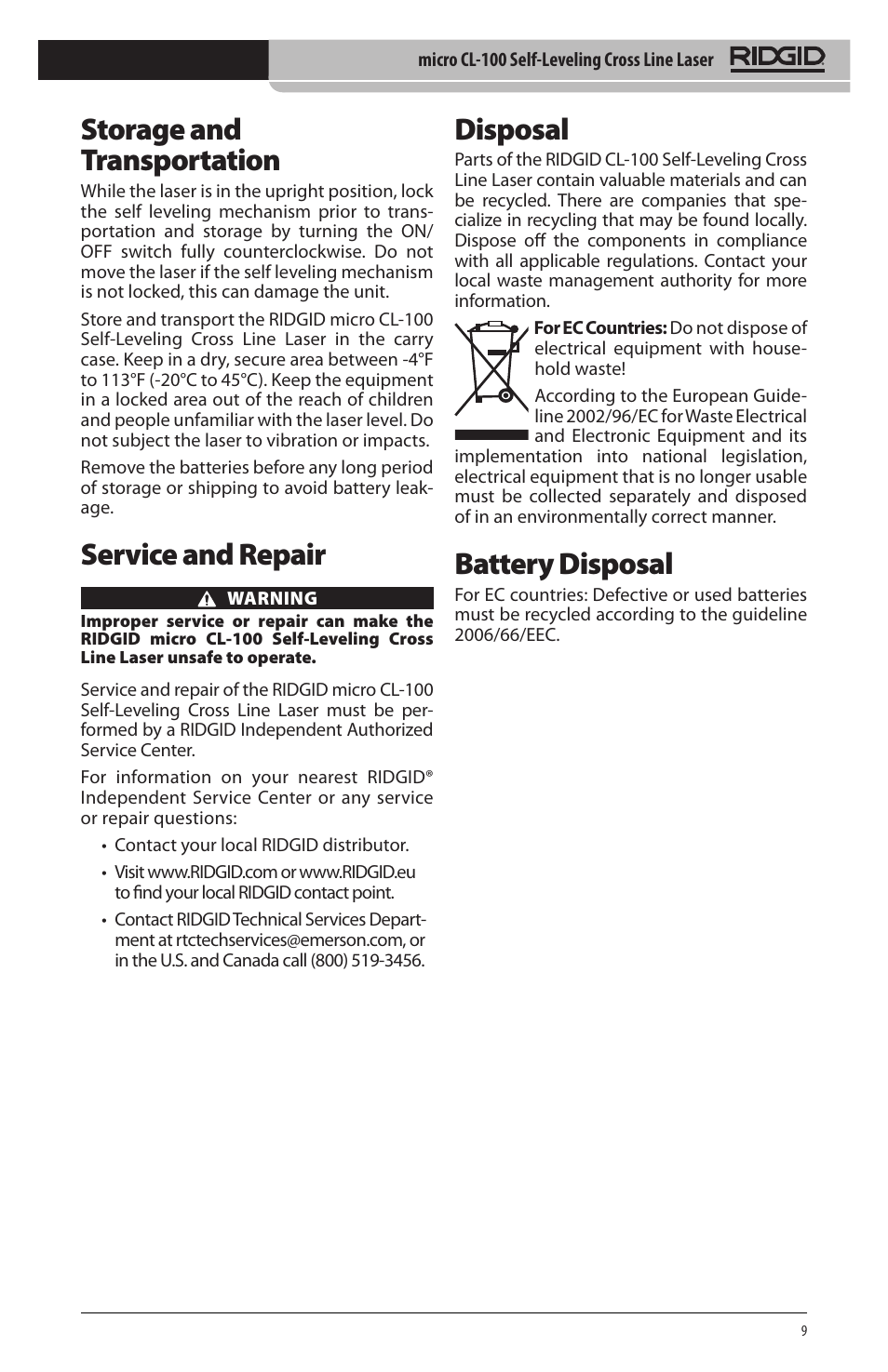 Storage and transportation, Service and repair, Disposal | Battery disposal | RIDGID micro CL-100 User Manual | Page 11 / 228