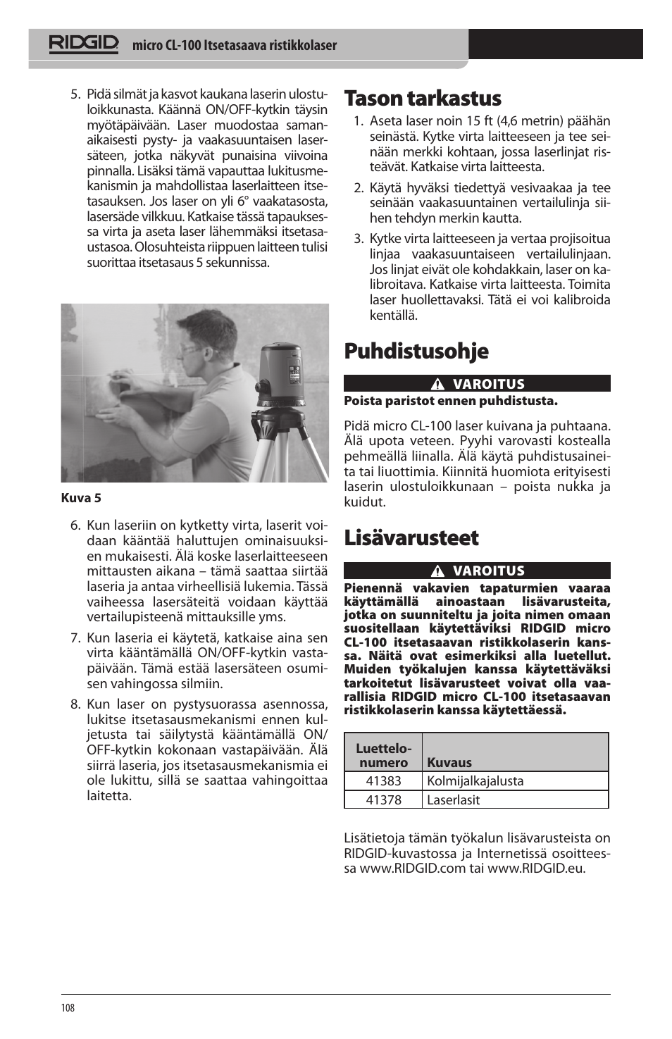 Tason tarkastus, Puhdistusohje, Lisävarusteet | RIDGID micro CL-100 User Manual | Page 110 / 228