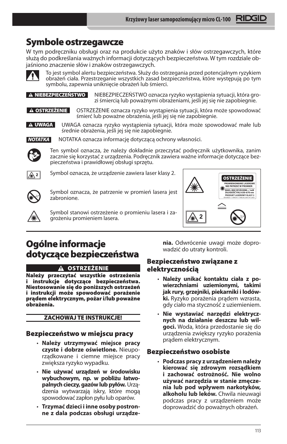 Symbole ostrzegawcze, Ogólne informacje dotyczące bezpieczeństwa, Bezpieczeństwo w miejscu pracy | Bezpieczeństwo związane z elektrycznością, Bezpieczeństwo osobiste | RIDGID micro CL-100 User Manual | Page 115 / 228