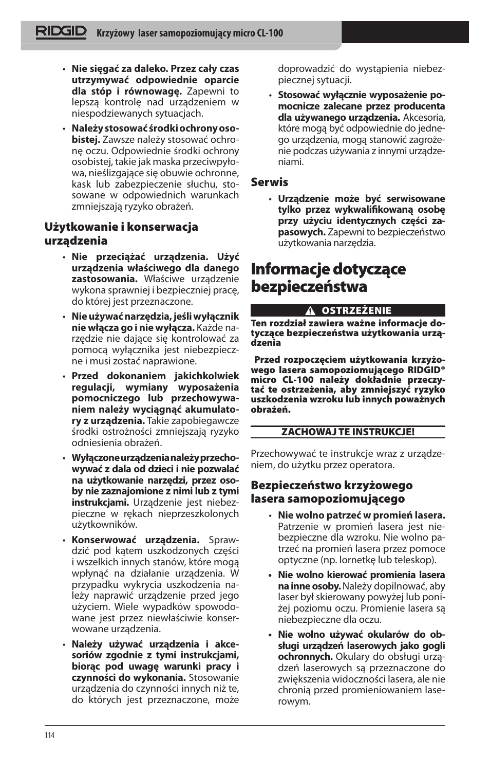 Informacje dotyczące bezpieczeństwa, Użytkowanie i konserwacja urządzenia, Serwis | Bezpieczeństwo krzyżowego lasera samopoziomującego | RIDGID micro CL-100 User Manual | Page 116 / 228