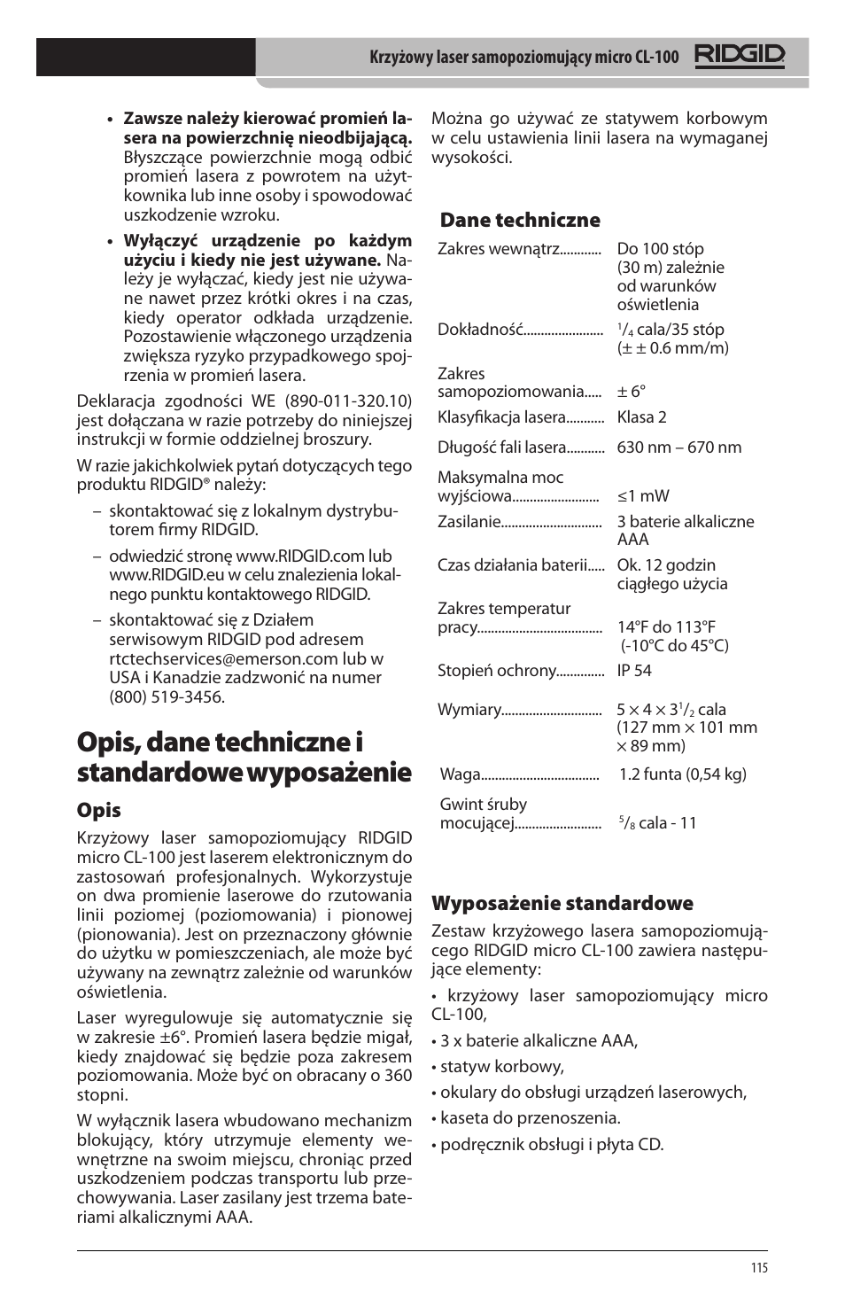 Opis, dane techniczne i standardowe wyposażenie, Opis, Dane techniczne | Wyposażenie standardowe | RIDGID micro CL-100 User Manual | Page 117 / 228