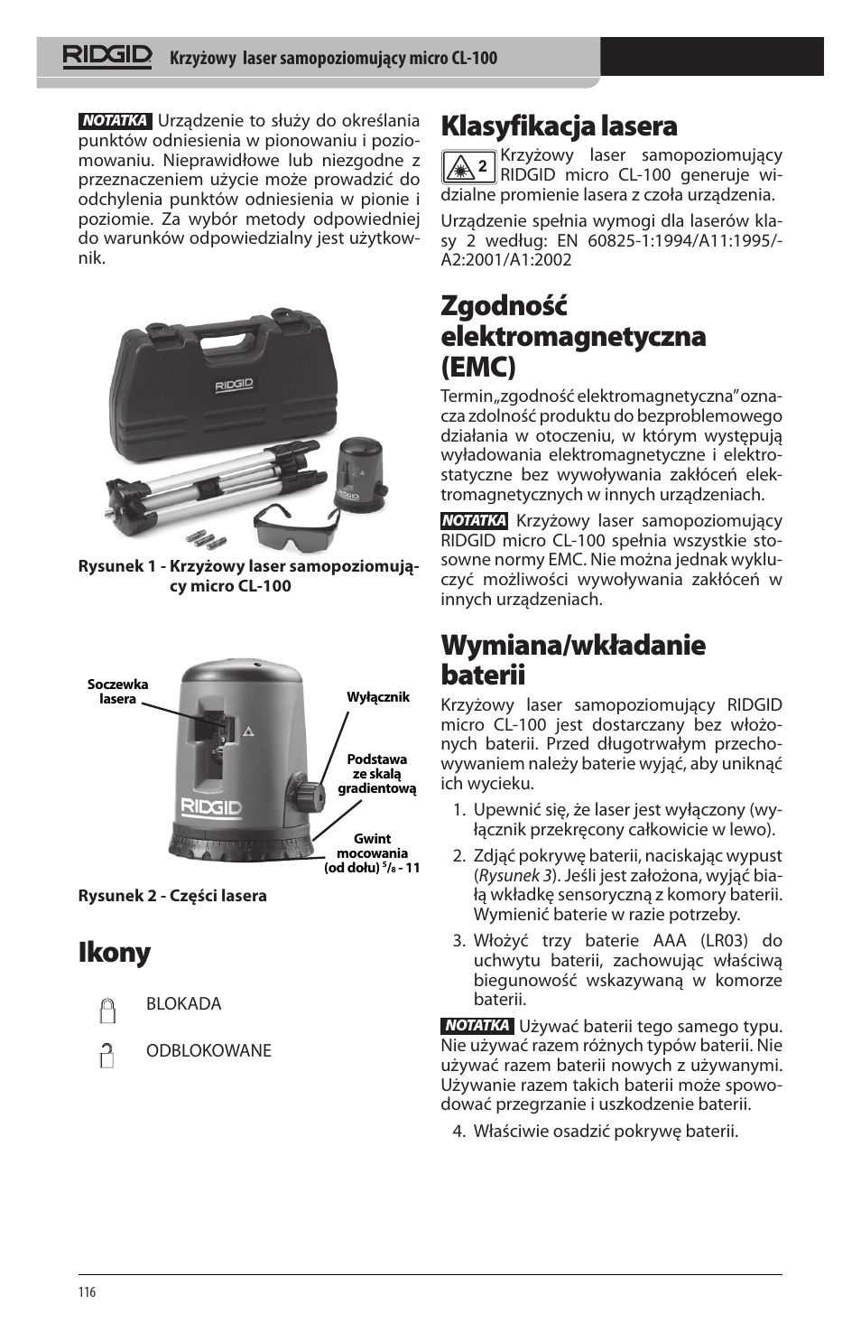 Ikony, Klasyfikacja lasera, Zgodność elektromagnetyczna (emc) | Wymiana/wkładanie baterii | RIDGID micro CL-100 User Manual | Page 118 / 228