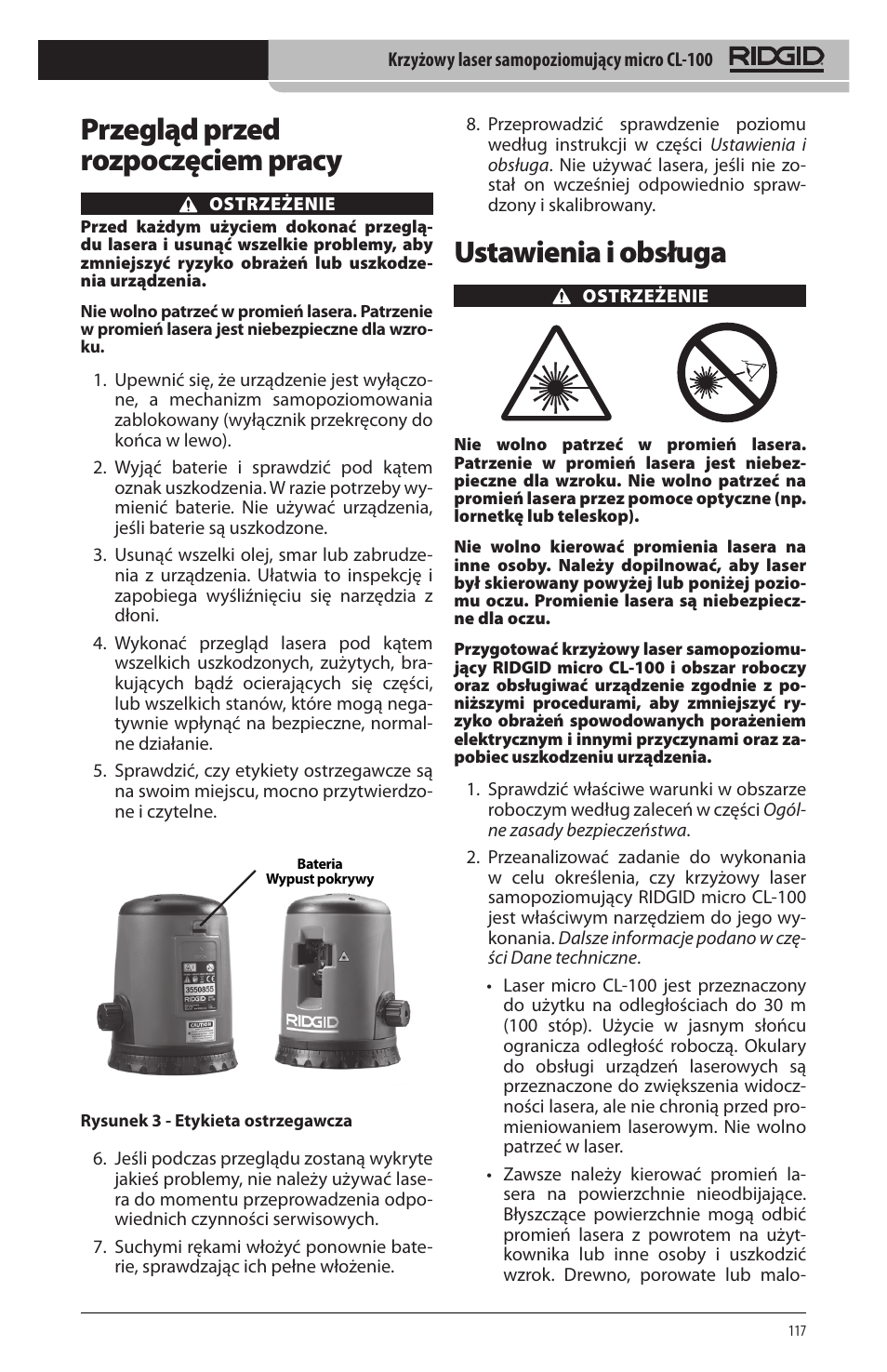 Ustawienia i obsługa, Przegląd przed rozpoczęciem pracy | RIDGID micro CL-100 User Manual | Page 119 / 228