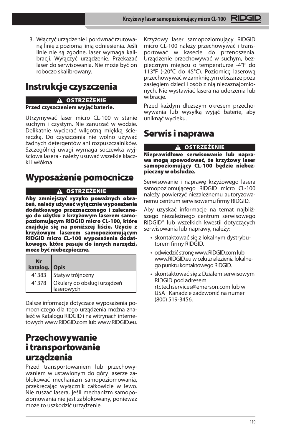 Instrukcje czyszczenia, Wyposażenie pomocnicze, Przechowywanie i transportowanie urządzenia | Serwis i naprawa | RIDGID micro CL-100 User Manual | Page 121 / 228