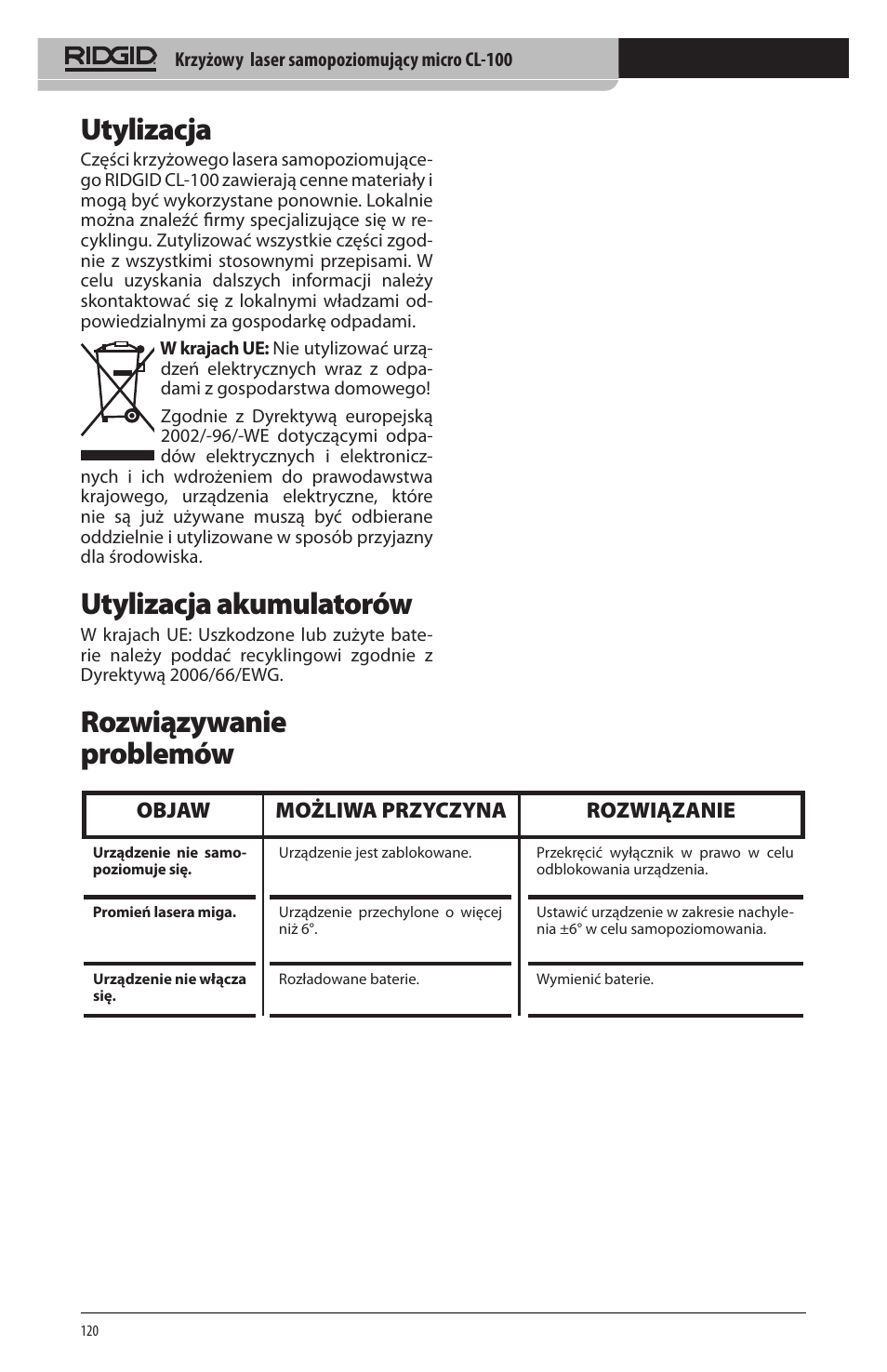 Utylizacja, Utylizacja akumulatorów, Rozwiązywanie problemów | Objaw możliwa przyczyna rozwiązanie | RIDGID micro CL-100 User Manual | Page 122 / 228