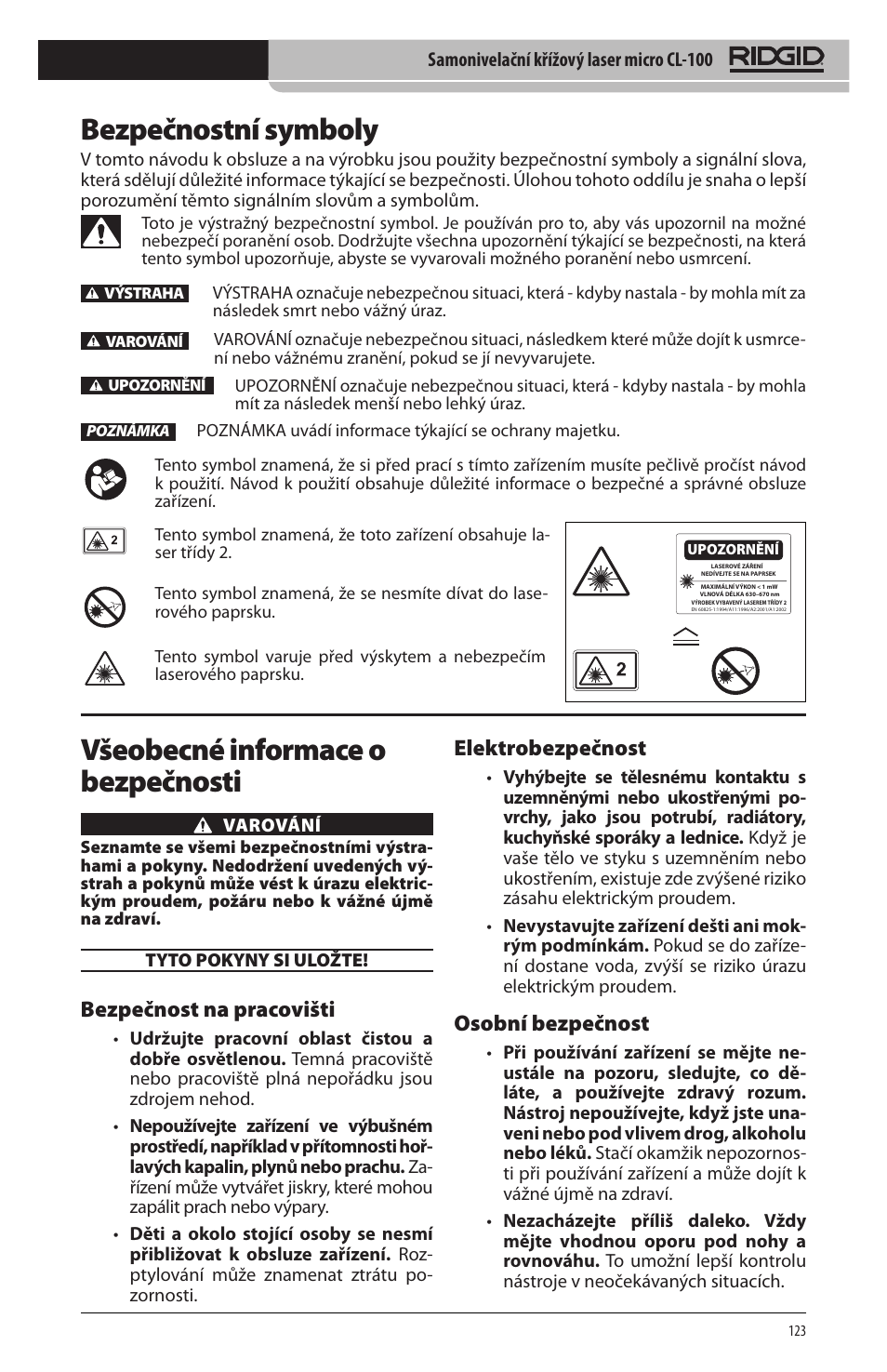 Bezpečnostní symboly, Všeobecné informace o bezpečnosti, Bezpečnost na pracovišti | Elektrobezpečnost, Osobní bezpečnost | RIDGID micro CL-100 User Manual | Page 125 / 228