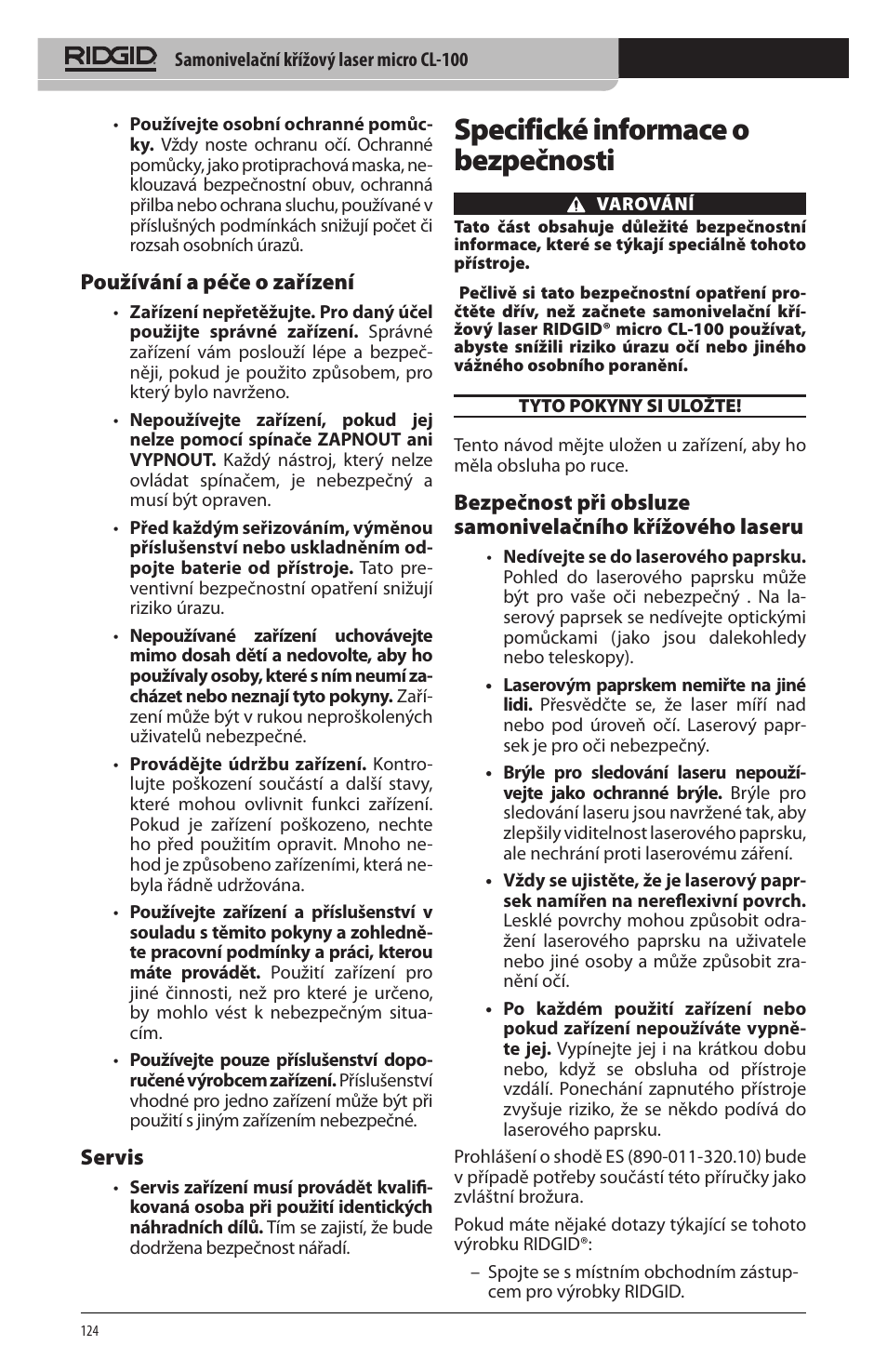 Specifické informace o bezpečnosti, Používání a péče o zařízení, Servis | RIDGID micro CL-100 User Manual | Page 126 / 228