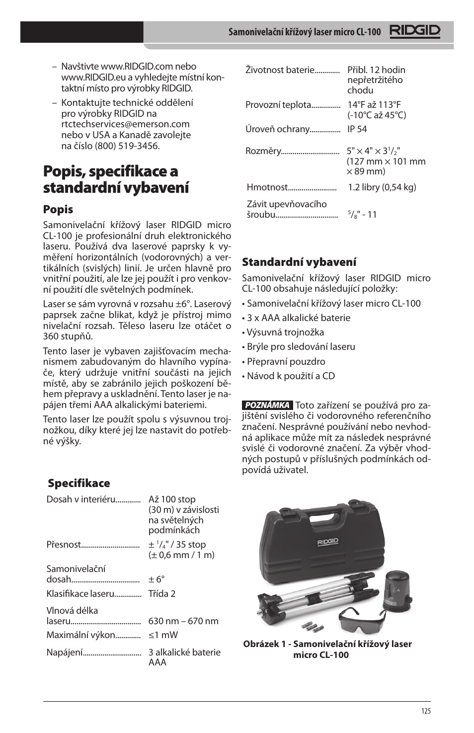 Popis, specifikace a standardní vybavení, Popis, Specifikace | Standardní vybavení | RIDGID micro CL-100 User Manual | Page 127 / 228