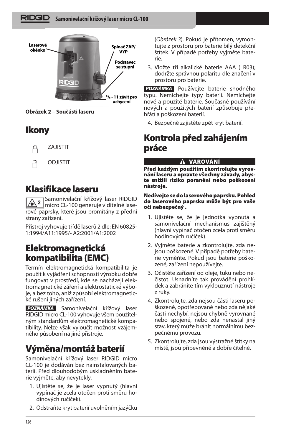 Ikony, Klasifikace laseru, Elektromagnetická kompatibilita (emc) | Výměna/montáž baterií, Kontrola před zahájením práce | RIDGID micro CL-100 User Manual | Page 128 / 228