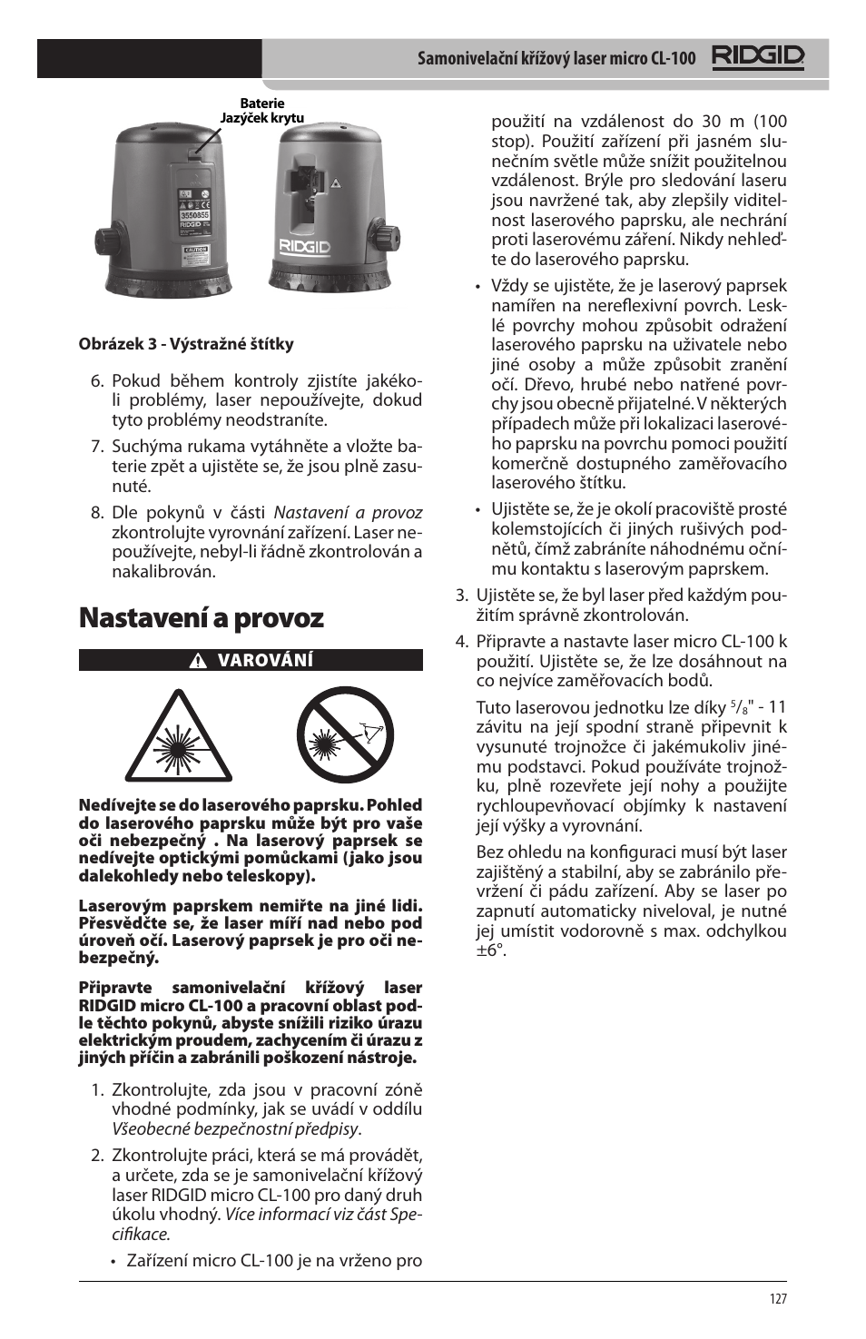 Nastavení a provoz | RIDGID micro CL-100 User Manual | Page 129 / 228