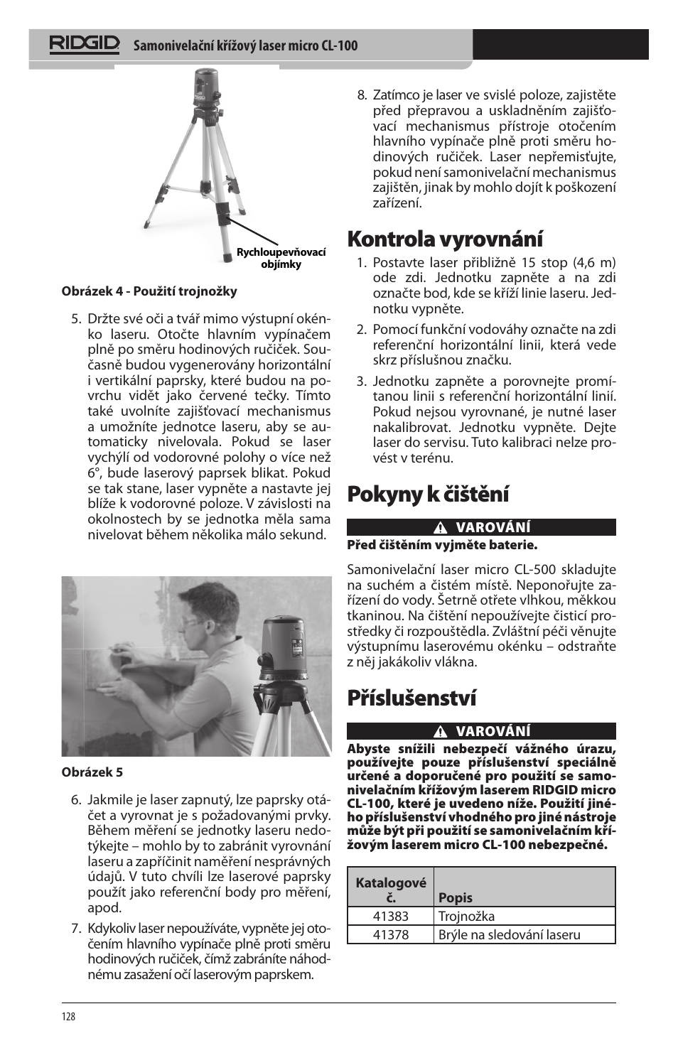 Kontrola vyrovnání, Pokyny k čištění, Příslušenství | RIDGID micro CL-100 User Manual | Page 130 / 228