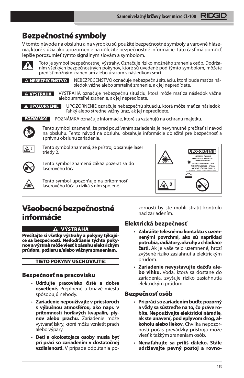 Bezpečnostné symboly, Všeobecné bezpečnostné informácie, Bezpečnosť na pracovisku | Elektrická bezpečnosť, Bezpečnosť osôb | RIDGID micro CL-100 User Manual | Page 135 / 228