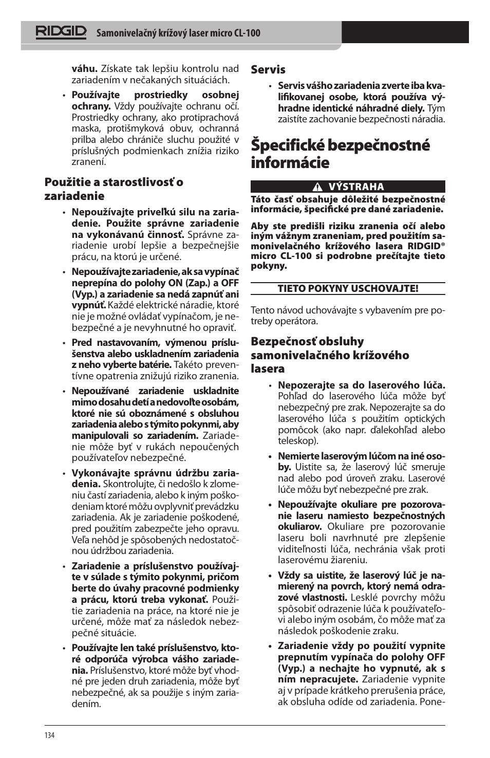 Špecifické bezpečnostné informácie, Použitie a starostlivosť o zariadenie, Servis | RIDGID micro CL-100 User Manual | Page 136 / 228