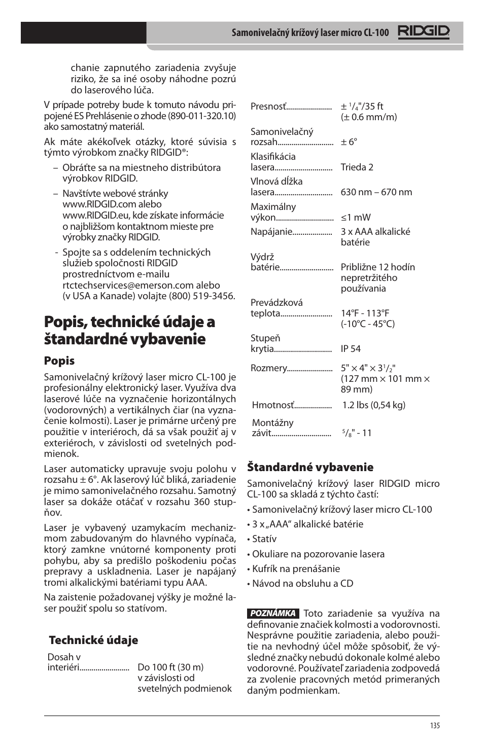 Popis, technické údaje a štandardné vybavenie, Popis, Štandardné vybavenie | Technické údaje | RIDGID micro CL-100 User Manual | Page 137 / 228