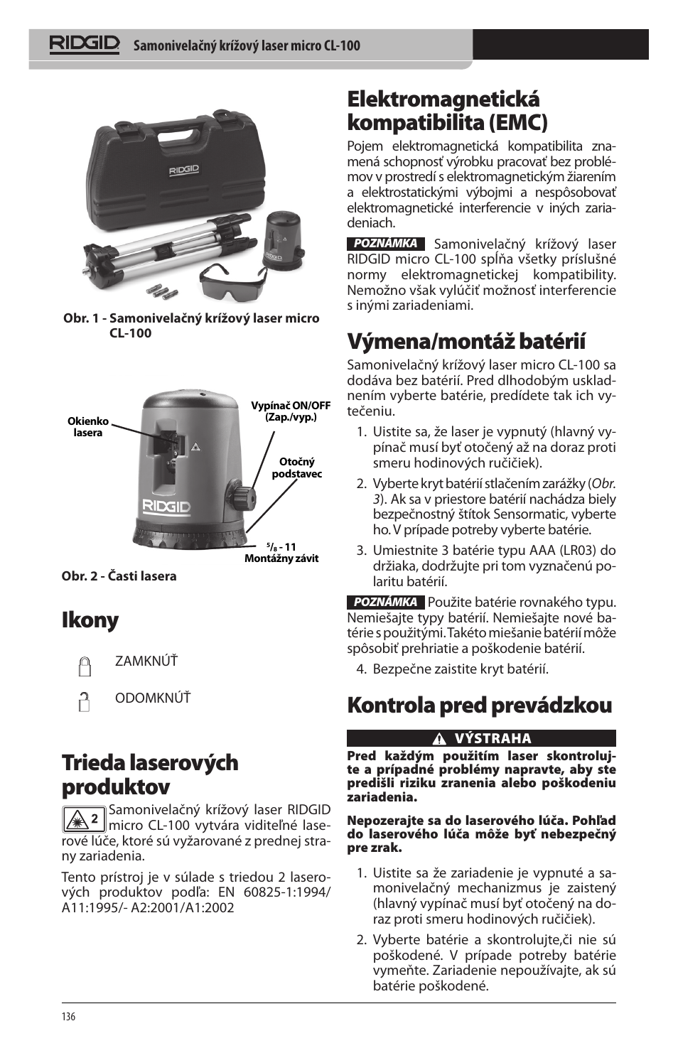 Ikony, Trieda laserových produktov, Elektromagnetická kompatibilita (emc) | Výmena/montáž batérií, Kontrola pred prevádzkou | RIDGID micro CL-100 User Manual | Page 138 / 228