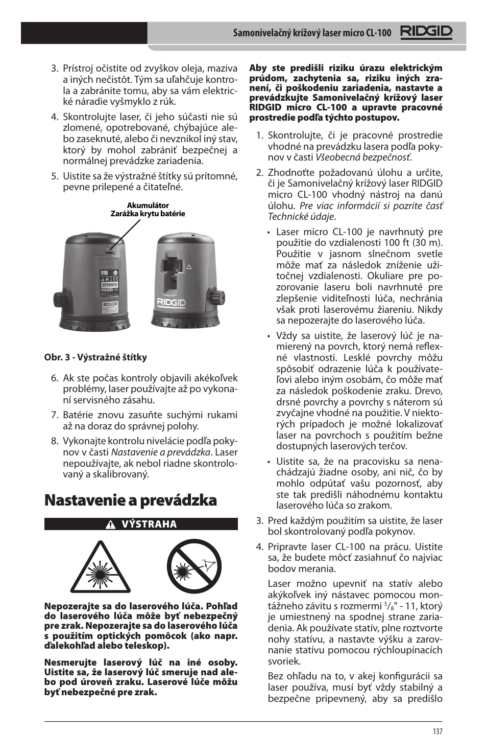 Nastavenie a prevádzka | RIDGID micro CL-100 User Manual | Page 139 / 228