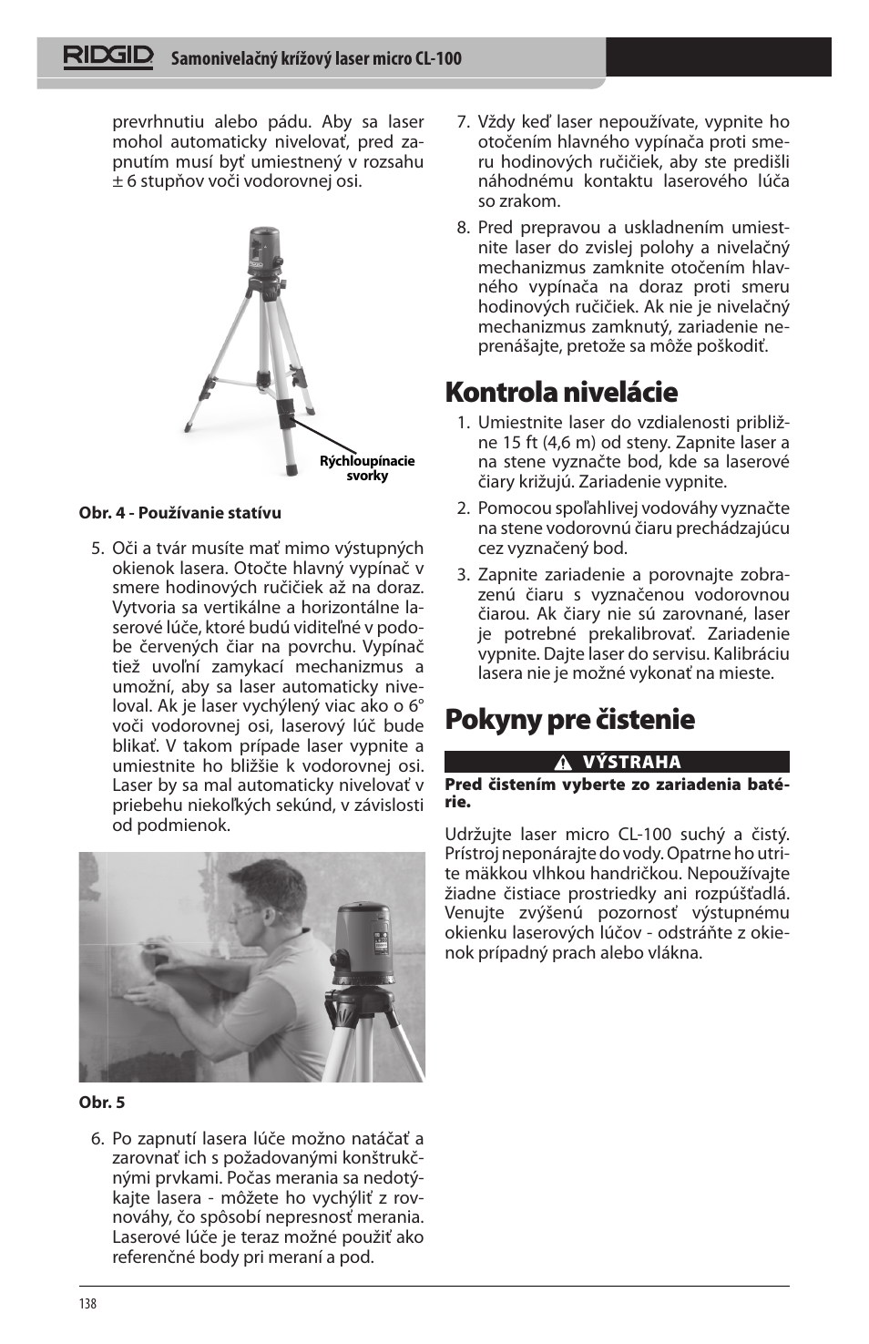 Kontrola nivelácie, Pokyny pre čistenie | RIDGID micro CL-100 User Manual | Page 140 / 228