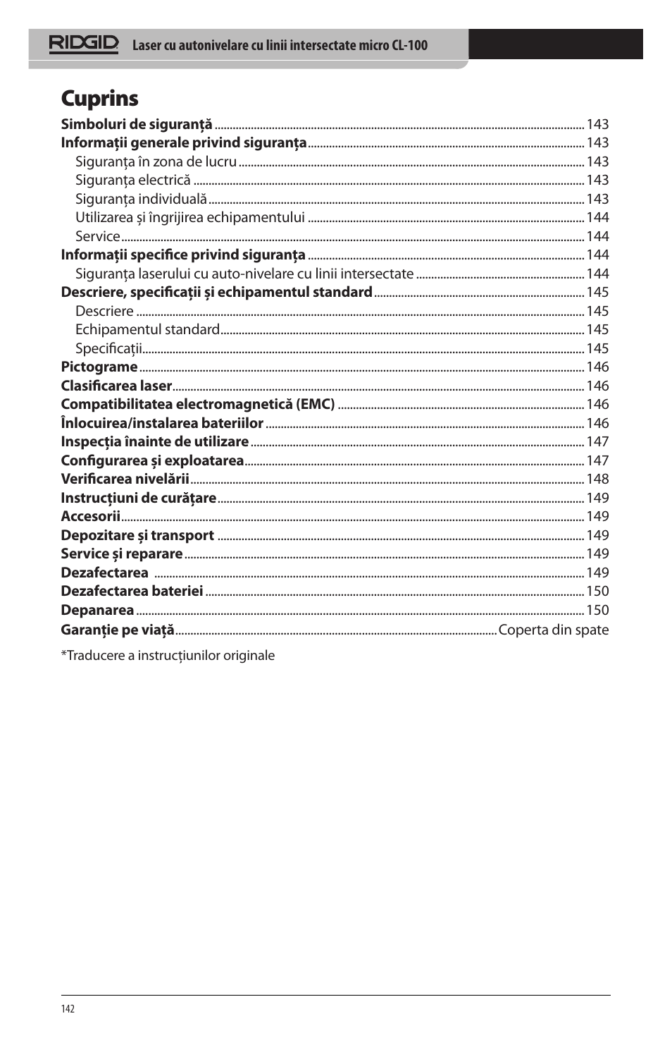 Cuprins | RIDGID micro CL-100 User Manual | Page 144 / 228