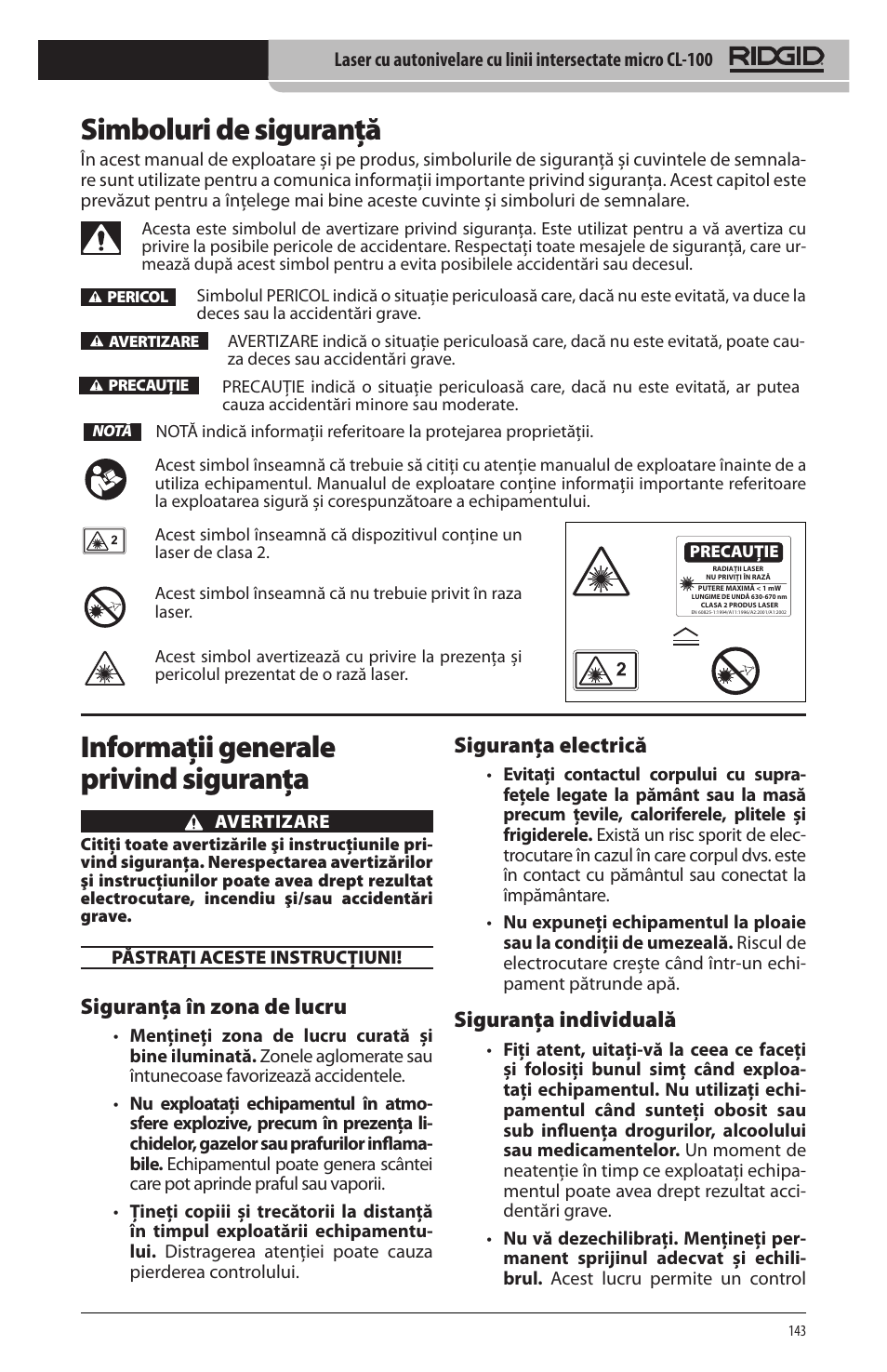 Simboluri de siguranţă, Informaţii generale privind siguranţa, Siguranţa în zona de lucru | Siguranţa electrică, Siguranţa individuală | RIDGID micro CL-100 User Manual | Page 145 / 228