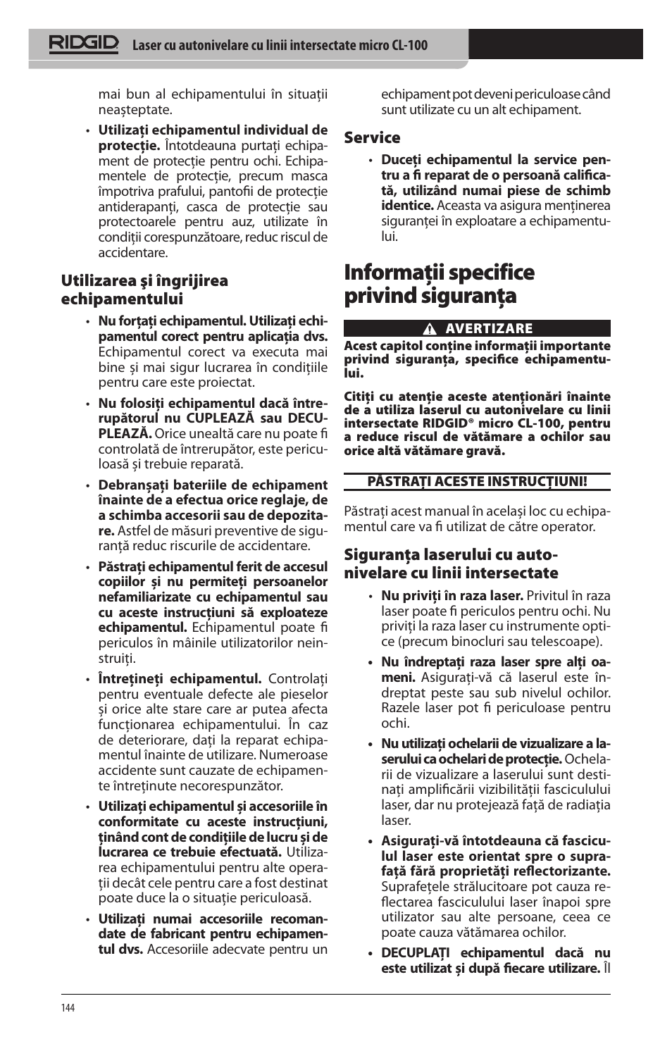 Informaţii specifice privind siguranţa, Utilizarea şi îngrijirea echipamentului, Service | RIDGID micro CL-100 User Manual | Page 146 / 228