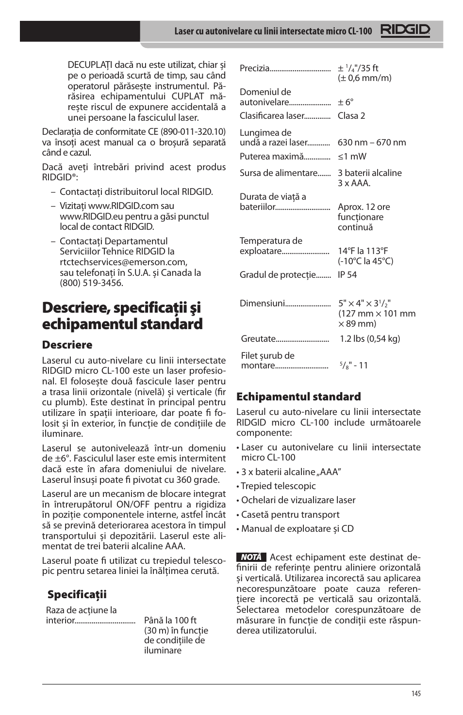 Descriere, specificaţii şi echipamentul standard, Descriere, Specificaţii | Echipamentul standard | RIDGID micro CL-100 User Manual | Page 147 / 228