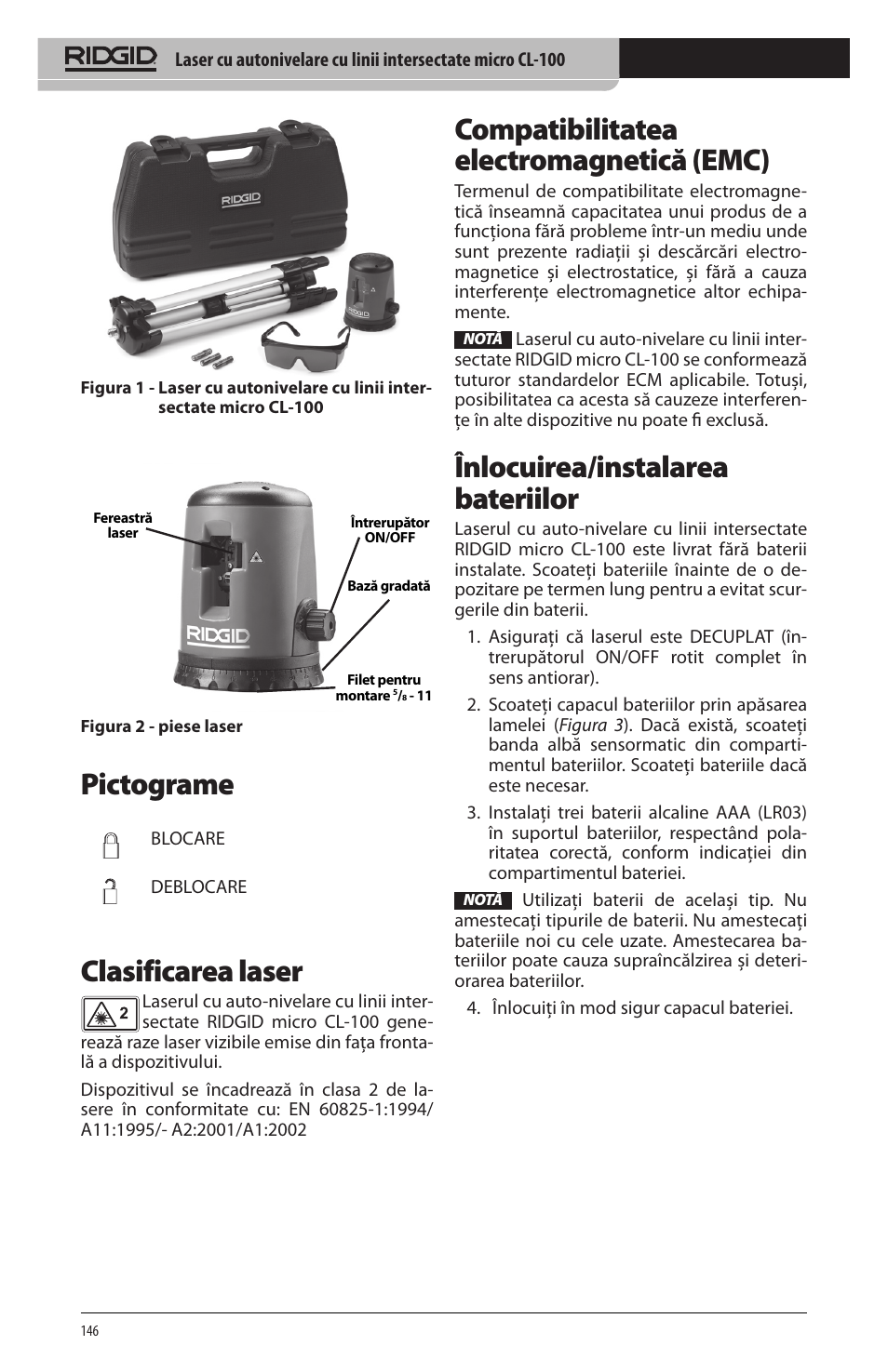 Pictograme, Clasificarea laser, Compatibilitatea electromagnetică (emc) | Înlocuirea/instalarea bateriilor | RIDGID micro CL-100 User Manual | Page 148 / 228