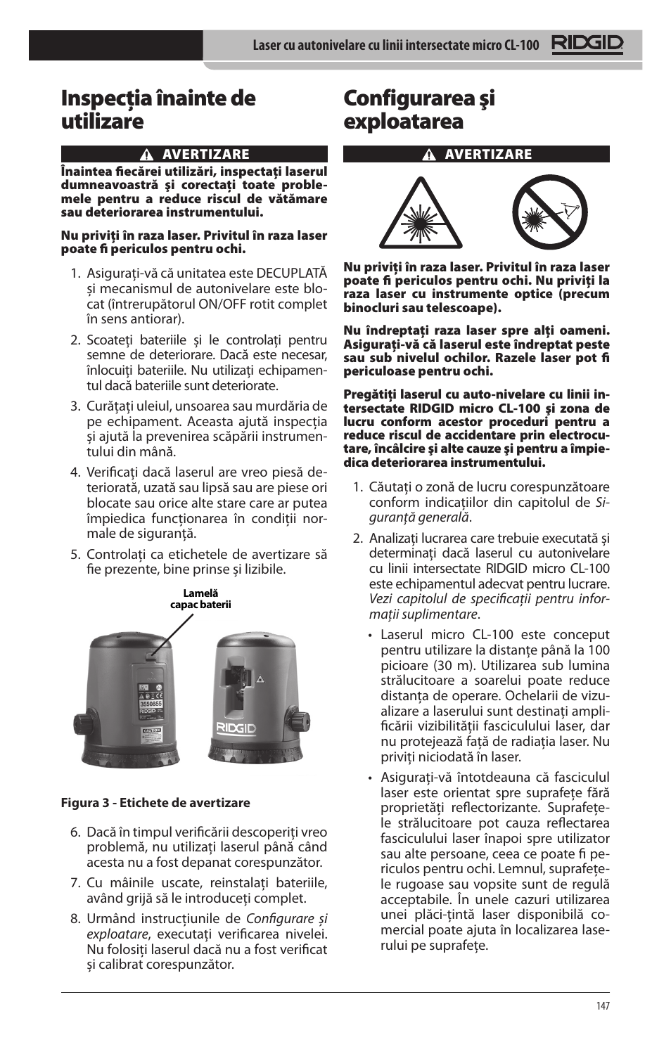 Configurarea şi exploatarea, Inspecţia înainte de utilizare | RIDGID micro CL-100 User Manual | Page 149 / 228