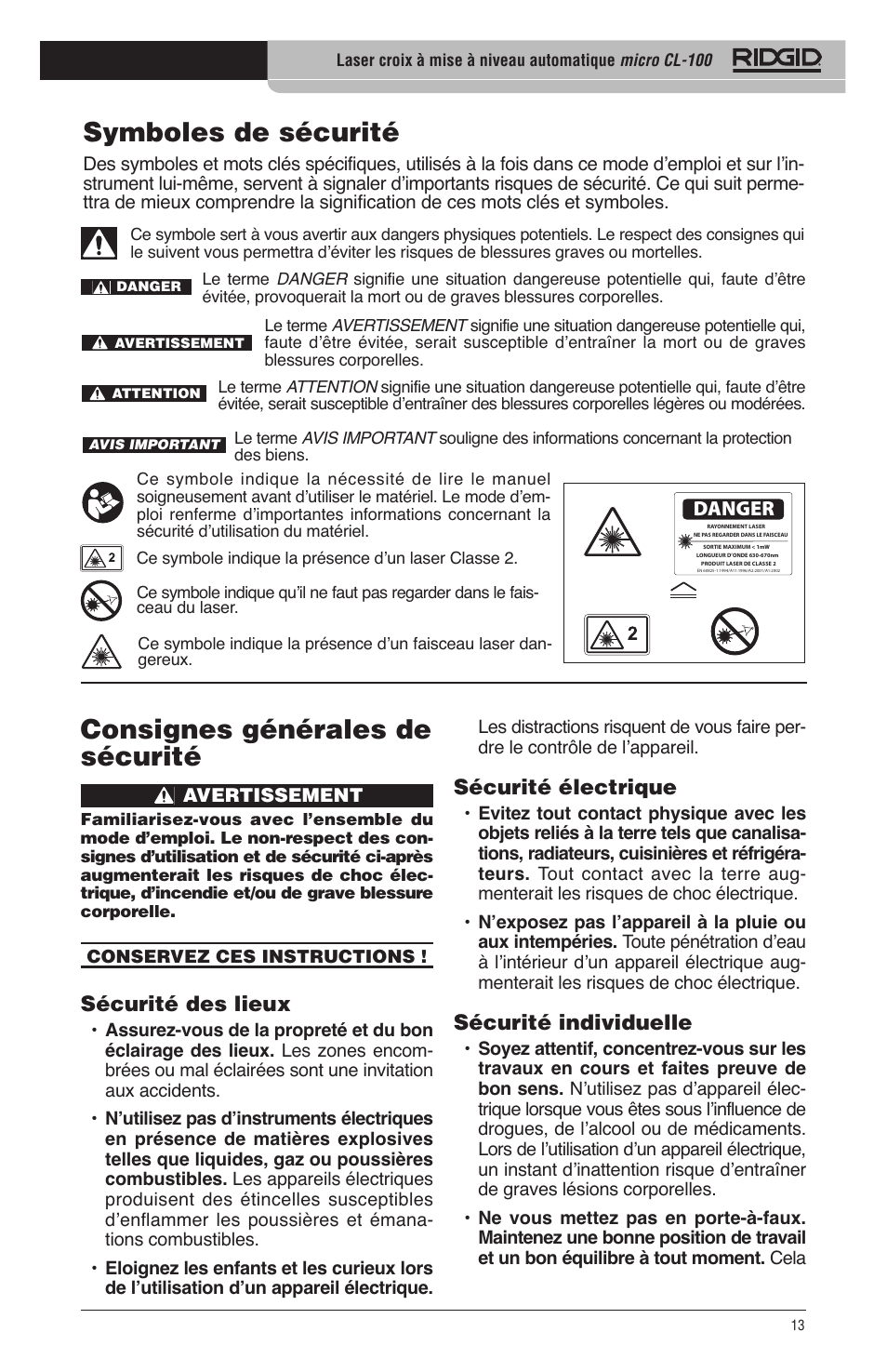 Symboles de sécurité, Consignes générales de sécurité, Sécurité électrique | Sécurité individuelle, Sécurité des lieux, Danger | RIDGID micro CL-100 User Manual | Page 15 / 228