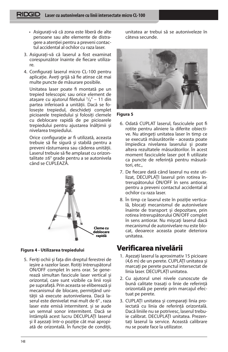 Verificarea nivelării | RIDGID micro CL-100 User Manual | Page 150 / 228