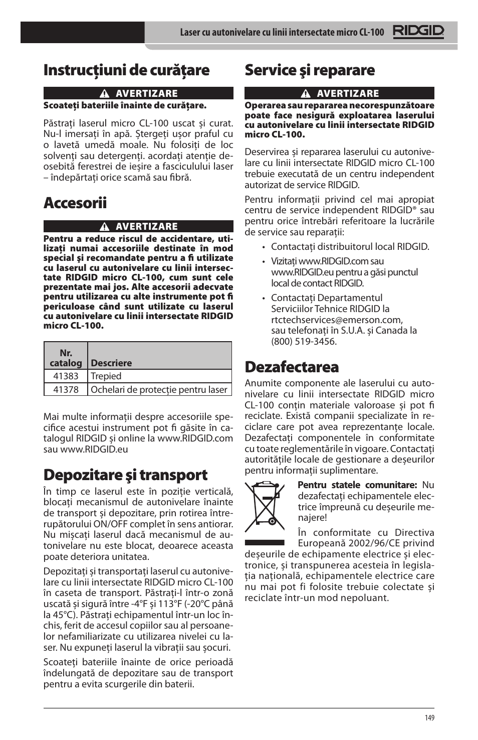 Instrucţiuni de curăţare, Accesorii, Depozitare şi transport | Service şi reparare, Dezafectarea | RIDGID micro CL-100 User Manual | Page 151 / 228