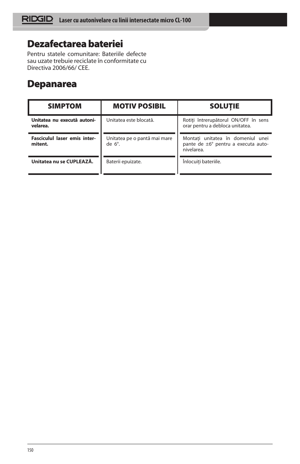 Dezafectarea bateriei, Depanarea, Simptom motiv posibil soluţie | RIDGID micro CL-100 User Manual | Page 152 / 228