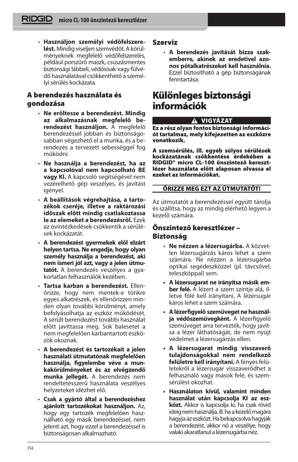 Különleges biztonsági információk, A berendezés használata és gondozása, Szerviz | Önszintező keresztlézer – biztonság | RIDGID micro CL-100 User Manual | Page 156 / 228