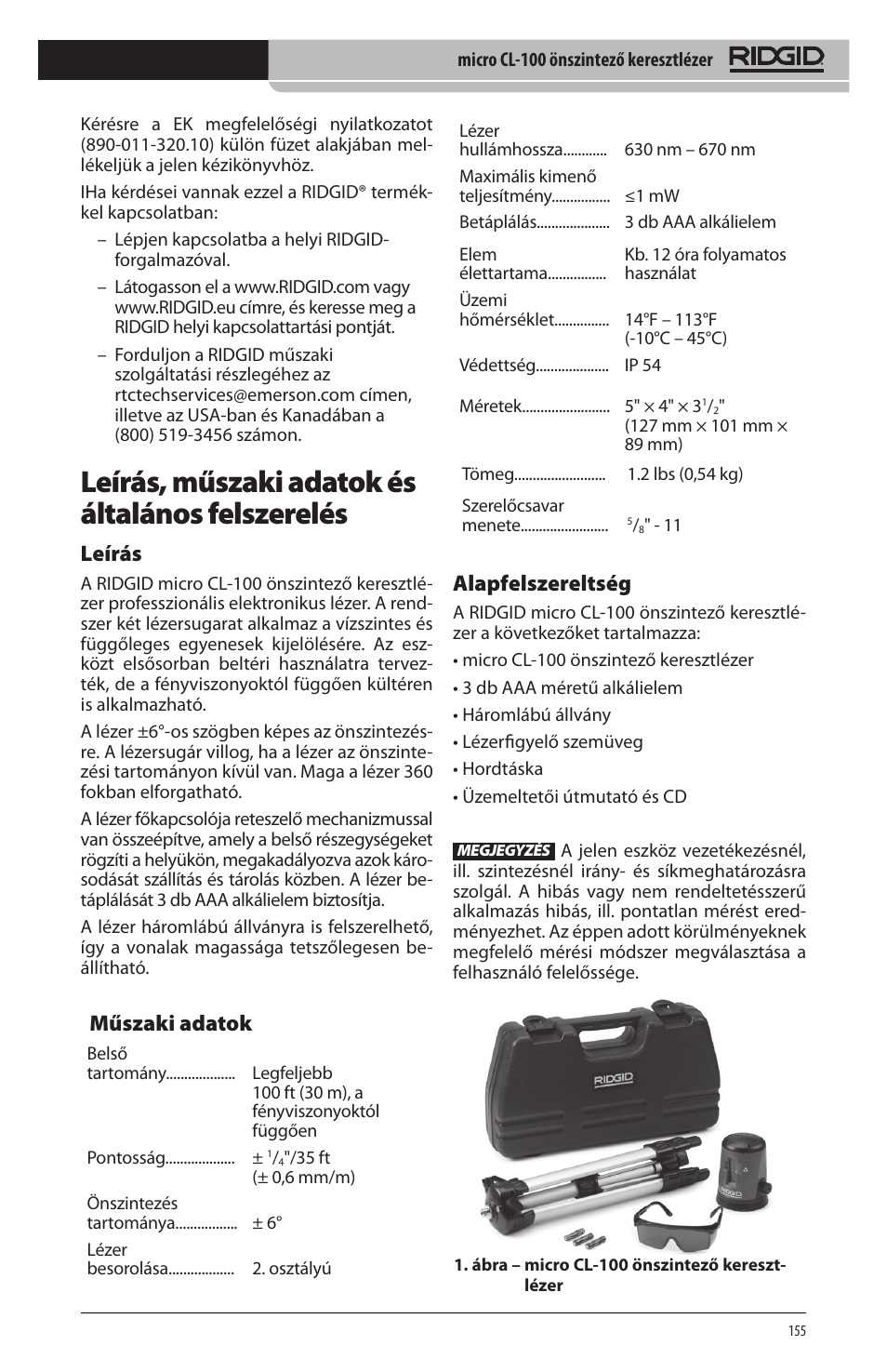 Leírás, műszaki adatok és általános felszerelés, Leírás, Műszaki adatok | Alapfelszereltség | RIDGID micro CL-100 User Manual | Page 157 / 228