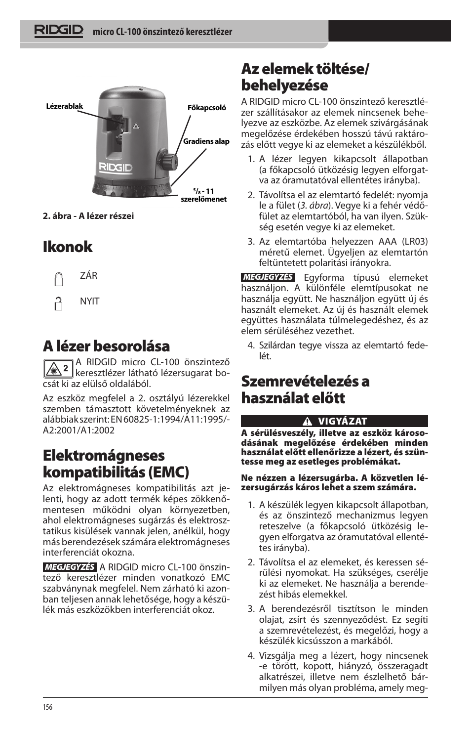 Ikonok, A lézer besorolása, Elektromágneses kompatibilitás (emc) | Az elemek töltése/ behelyezése, Szemrevételezés a használat előtt | RIDGID micro CL-100 User Manual | Page 158 / 228