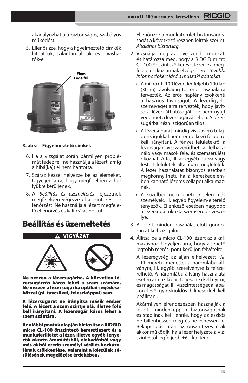 Beállítás és üzemeltetés | RIDGID micro CL-100 User Manual | Page 159 / 228