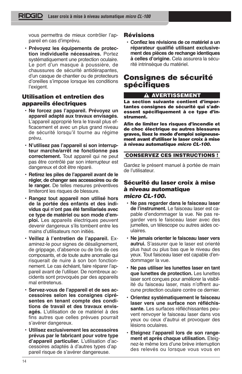 Consignes de sécurité spécifiques | RIDGID micro CL-100 User Manual | Page 16 / 228