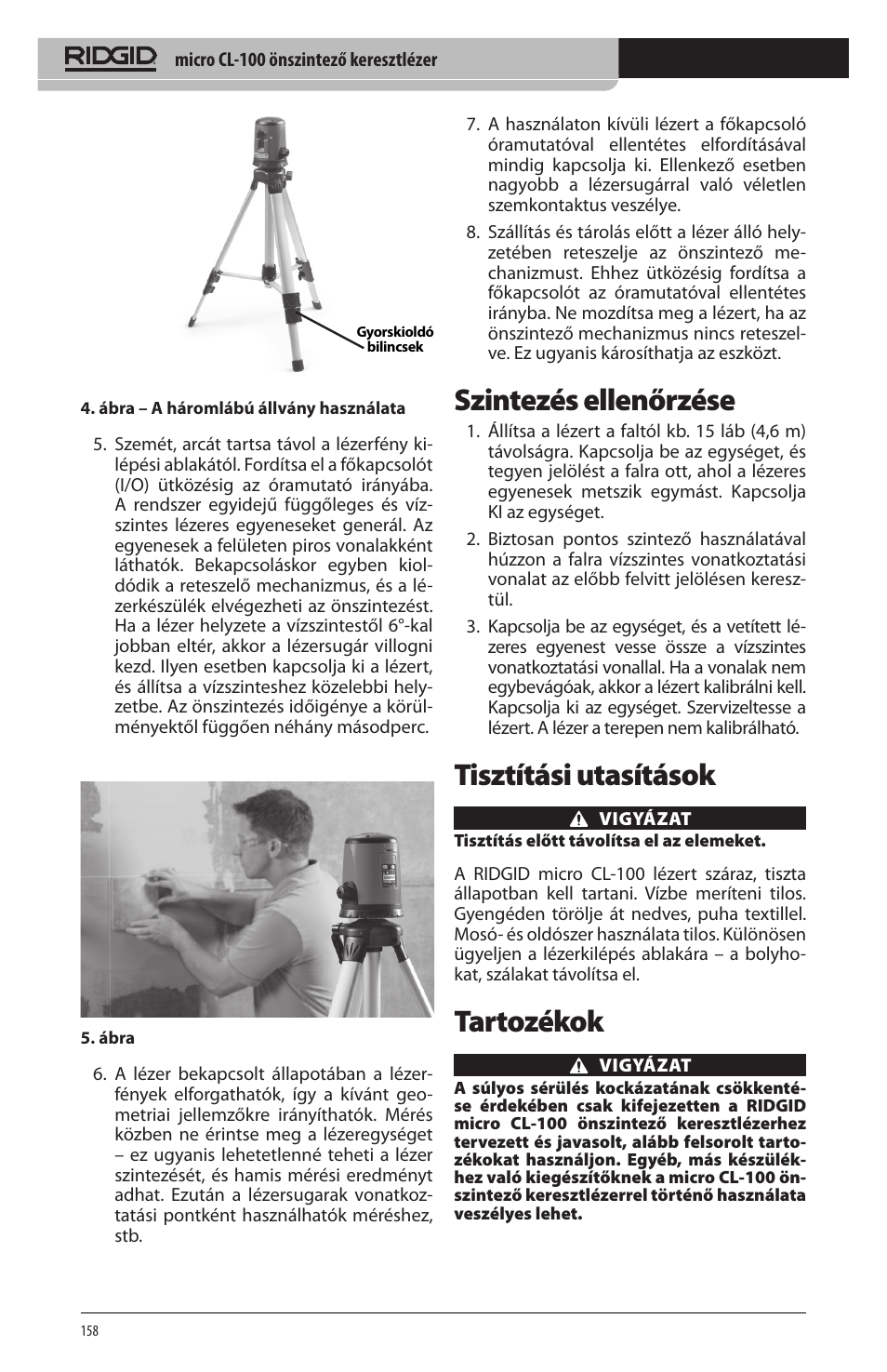 Szintezés ellenőrzése, Tisztítási utasítások, Tartozékok | RIDGID micro CL-100 User Manual | Page 160 / 228