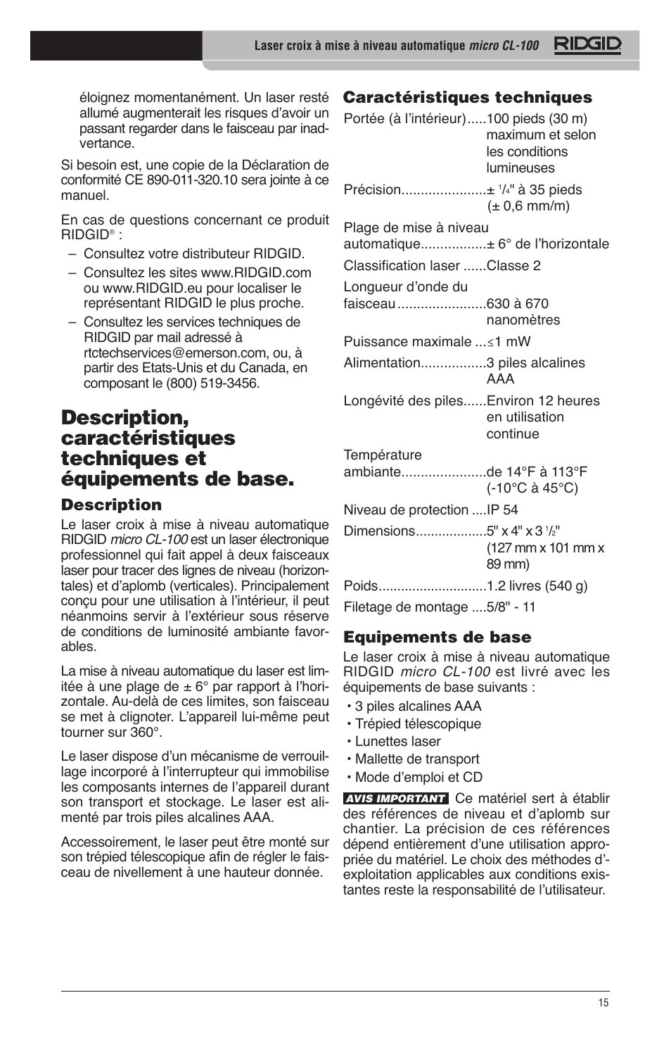 Caractéristiques techniques, Equipements de base, Description | RIDGID micro CL-100 User Manual | Page 17 / 228