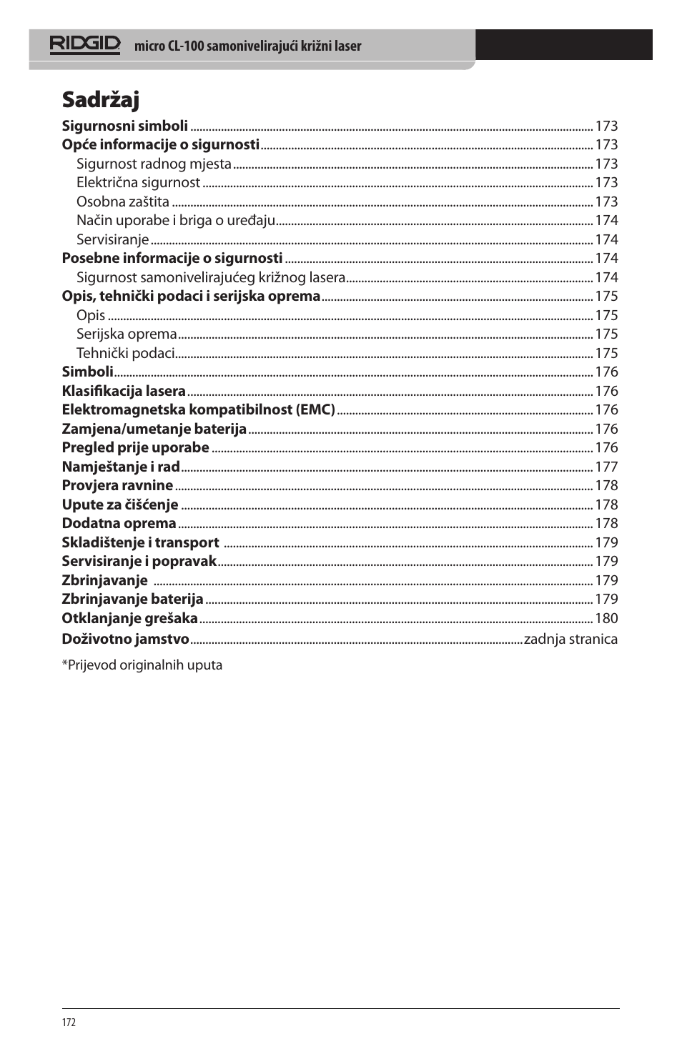 Sadržaj | RIDGID micro CL-100 User Manual | Page 174 / 228