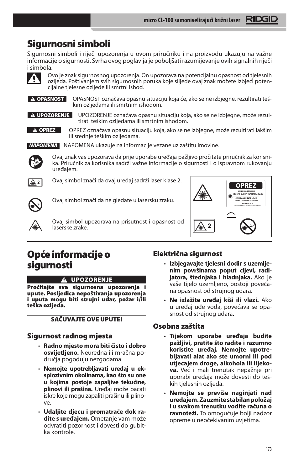 Sigurnosni simboli, Opće informacije o sigurnosti, Sigurnost radnog mjesta | Električna sigurnost, Osobna zaštita | RIDGID micro CL-100 User Manual | Page 175 / 228