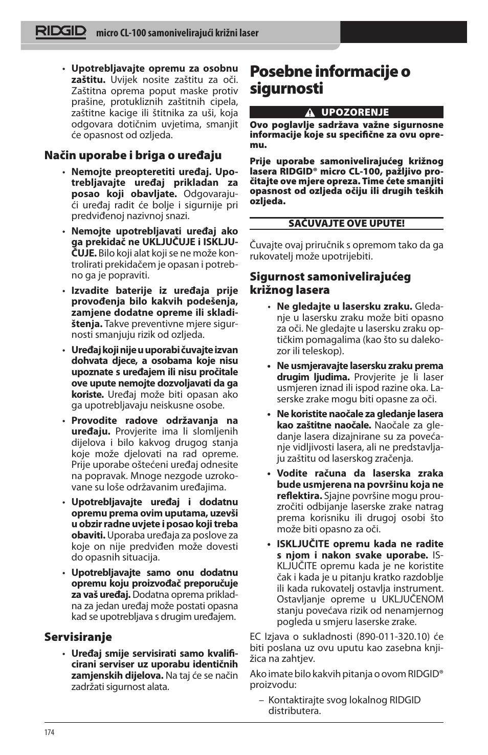 Posebne informacije o sigurnosti, Način uporabe i briga o uređaju, Servisiranje | Sigurnost samonivelirajućeg križnog lasera | RIDGID micro CL-100 User Manual | Page 176 / 228