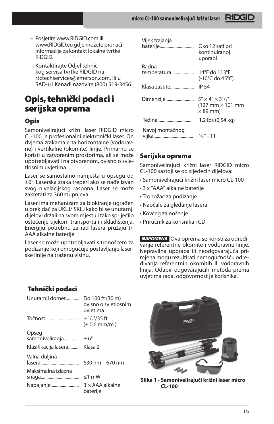 Opis, tehnički podaci i serijska oprema, Opis, Tehnički podaci | Serijska oprema | RIDGID micro CL-100 User Manual | Page 177 / 228