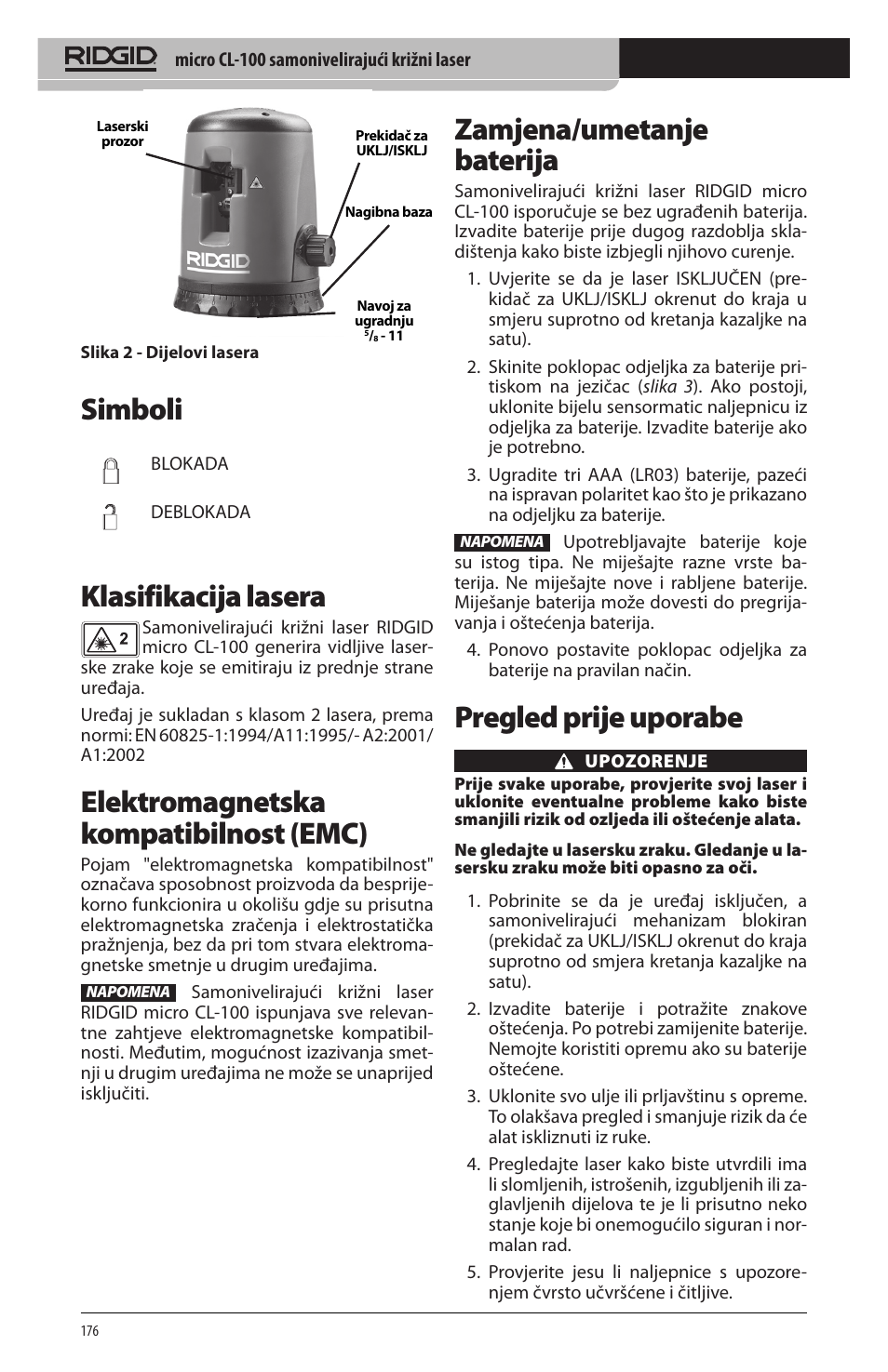 Simboli, Klasifikacija lasera, Elektromagnetska kompatibilnost (emc) | Zamjena/umetanje baterija, Pregled prije uporabe | RIDGID micro CL-100 User Manual | Page 178 / 228